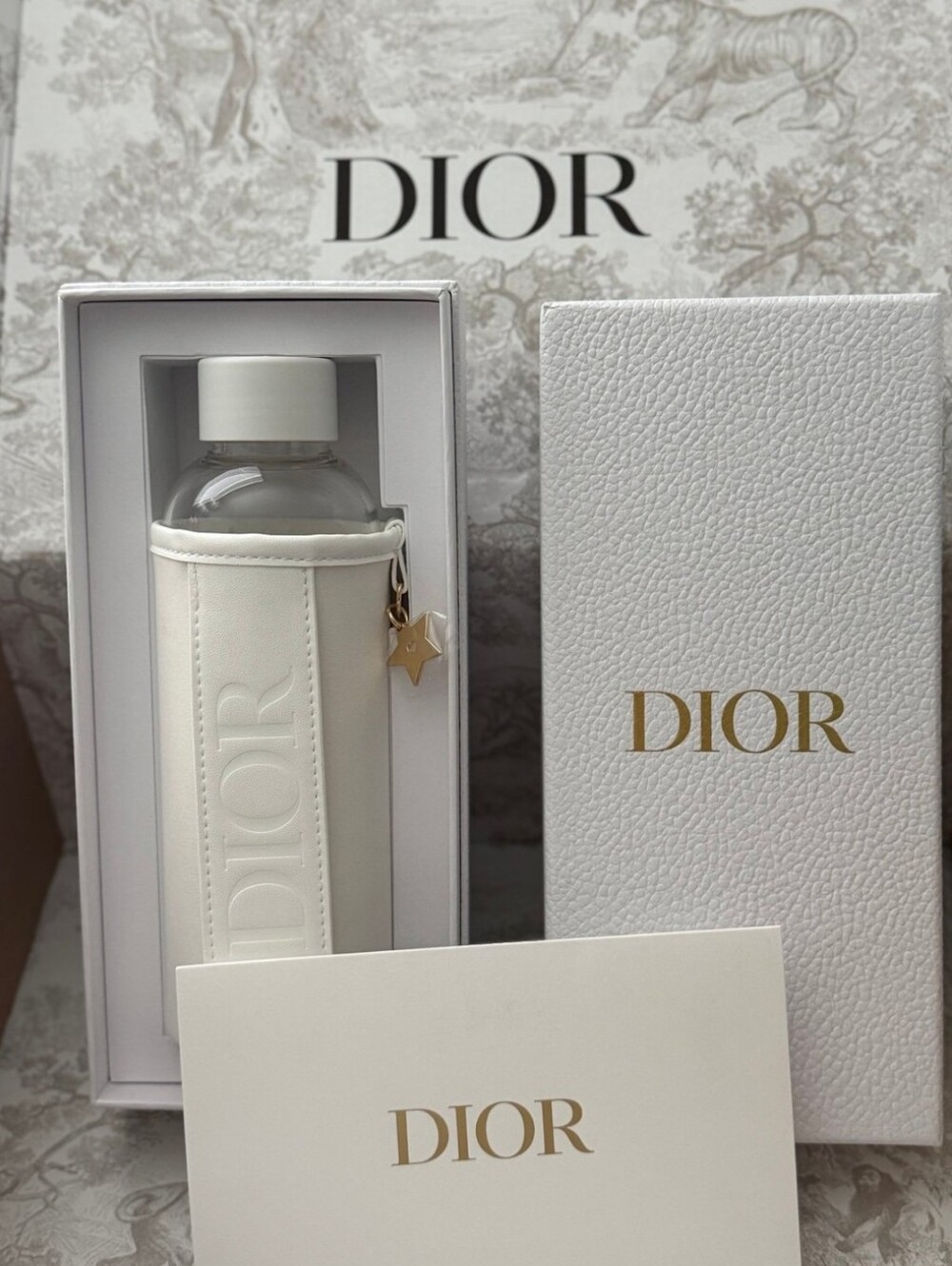 Dior Cream Embossed Logo Leather Sleeve with Gold Star Charm